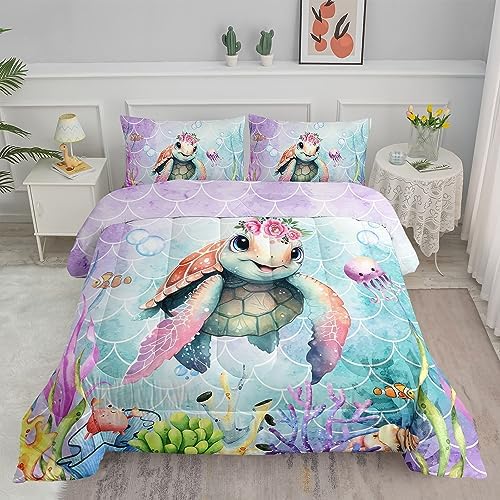Kids Comforter Set Mermaid Scale Turtle Print Twin