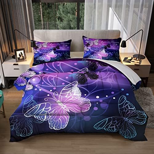 Sunnycitron 3D Purple Butterfly Comforter Set for Girls and Women