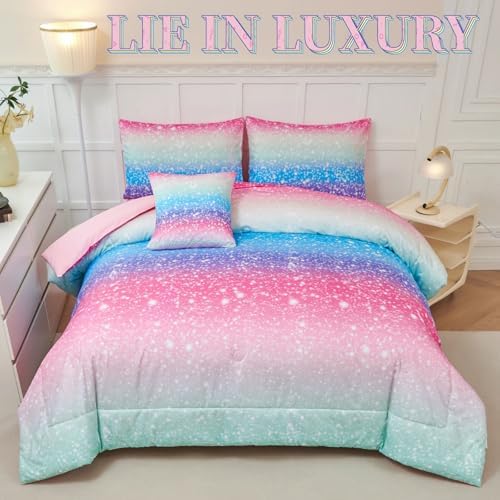 PERFEMET Rainbow Gradient Comforter Set for Girls 6 Pcs Twin Bedding