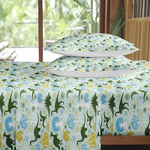 Pamnest Twin Size Bed Sheet Set with Green Dinosaur Print