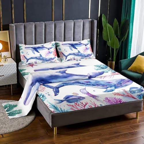 Whale Jellyfish Shark Sea Creature Sheet Set 4Pcs Queen