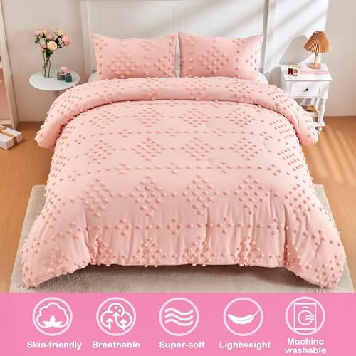 VIVILINEN 3-Piece Pink Boho Comforter Set with Pom Pom Tufts