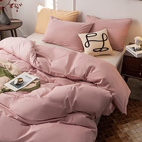 Janlive Washed Cotton Duvet Cover Twin Set Dusty Pink