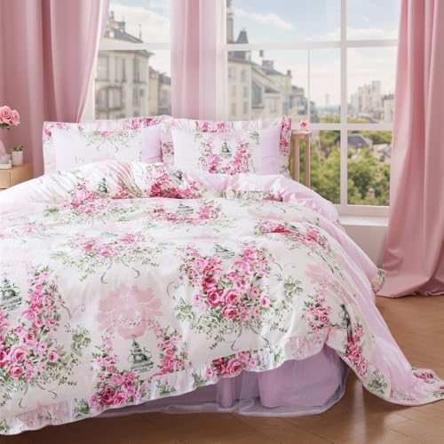 FADFAY Pink Rose Floral Duvet Cover Set Twin XL 4Pcs