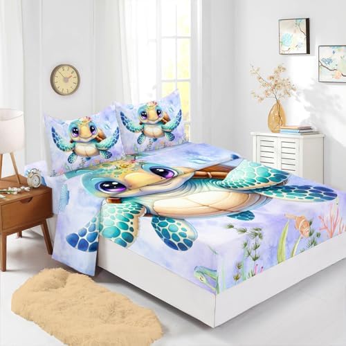 Turtle Pattern Twin Sheet Set 4Pcs Ocean Life Kids Bedding