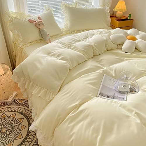 MOOWOO Chic Ruffle Lace Duvet Cover Set - Girl Yellow Bedding - 3 Piece Queen
