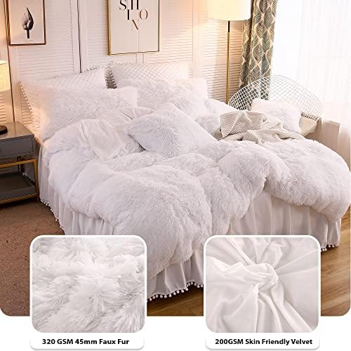 LIFEREVO Shaggy Duvet Cover Set with Pom Poms Pillowcases