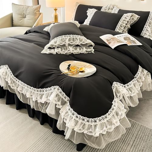 MOOWOO Chic Ruffle Lace Duvet Cover Set - Black Twin 2 Piece