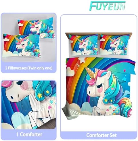 FUYEUN Rainbow Unicorn Comforter Set Queen Size
