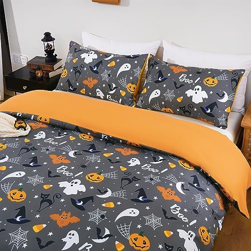 Halloween Duvet Cover Set Queen 3 Pieces Grey Bat Pumpkin