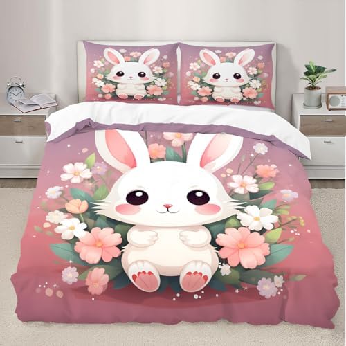 STRELEC Cute Rabbit Duvet Cover Set California King Size Pink