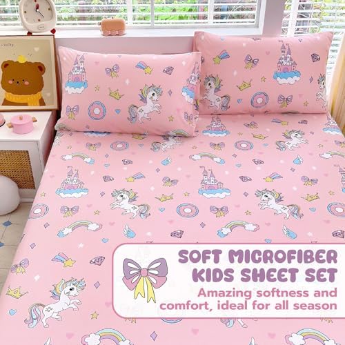 Twin Sheets Set Kids - 3 Piece Pink Unicorn Print Bedding