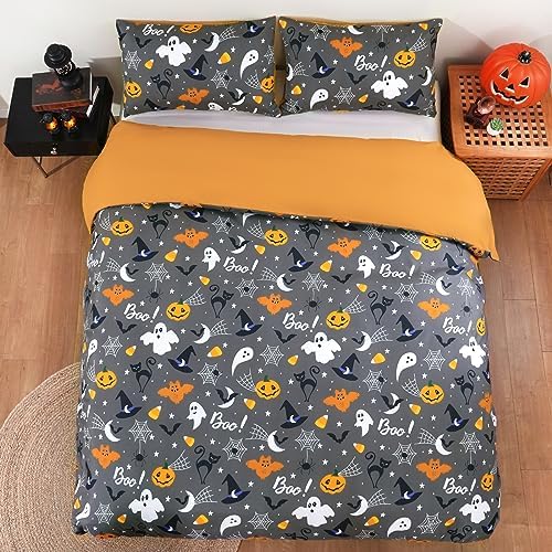 Halloween Duvet Cover Set Queen 3 Pieces Grey Bat Pumpkin