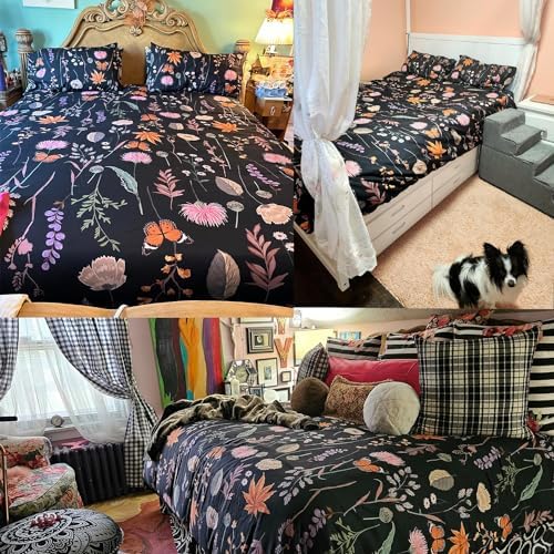 Floral Duvet Cover Set King Size with Yellow Butterfly Print