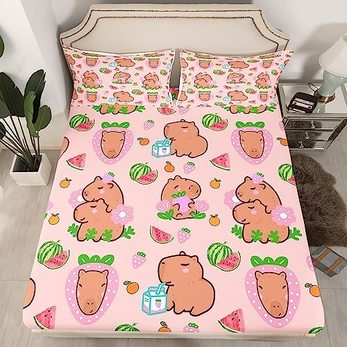 Capybara Lover Fitted Sheet Set Twin Pink