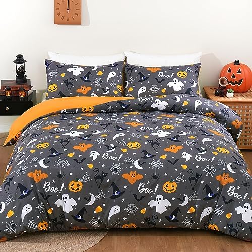 Halloween Duvet Cover Set Queen 3 Pieces Grey Bat Pumpkin