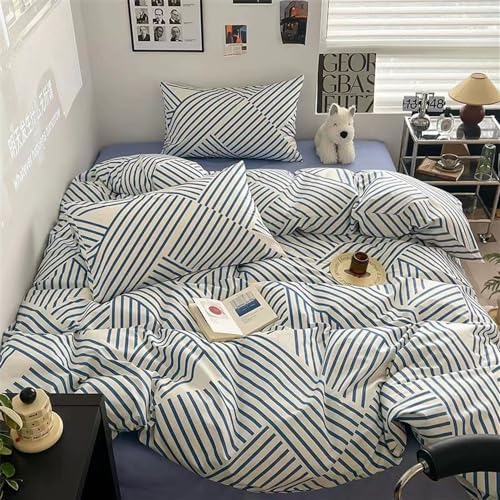 VM VOUGEMARKET Blue Stripes Duvet Cover Set 3 Piece Queen